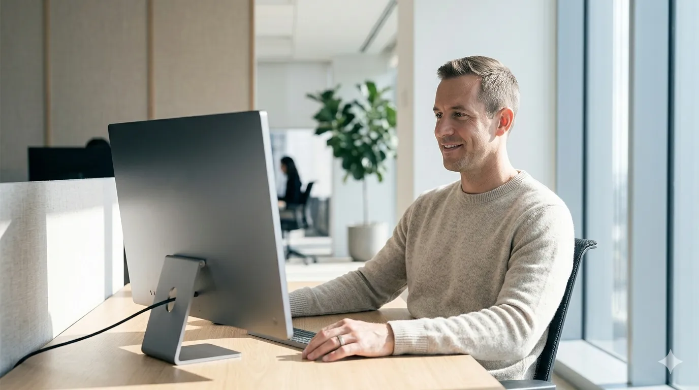 Editorial lifestyle photo of a man in a neutral knit sweater sitting in a bright, minimalist office, smiling slightly while looking at a clean data dashboard on a single monitor in natural light.