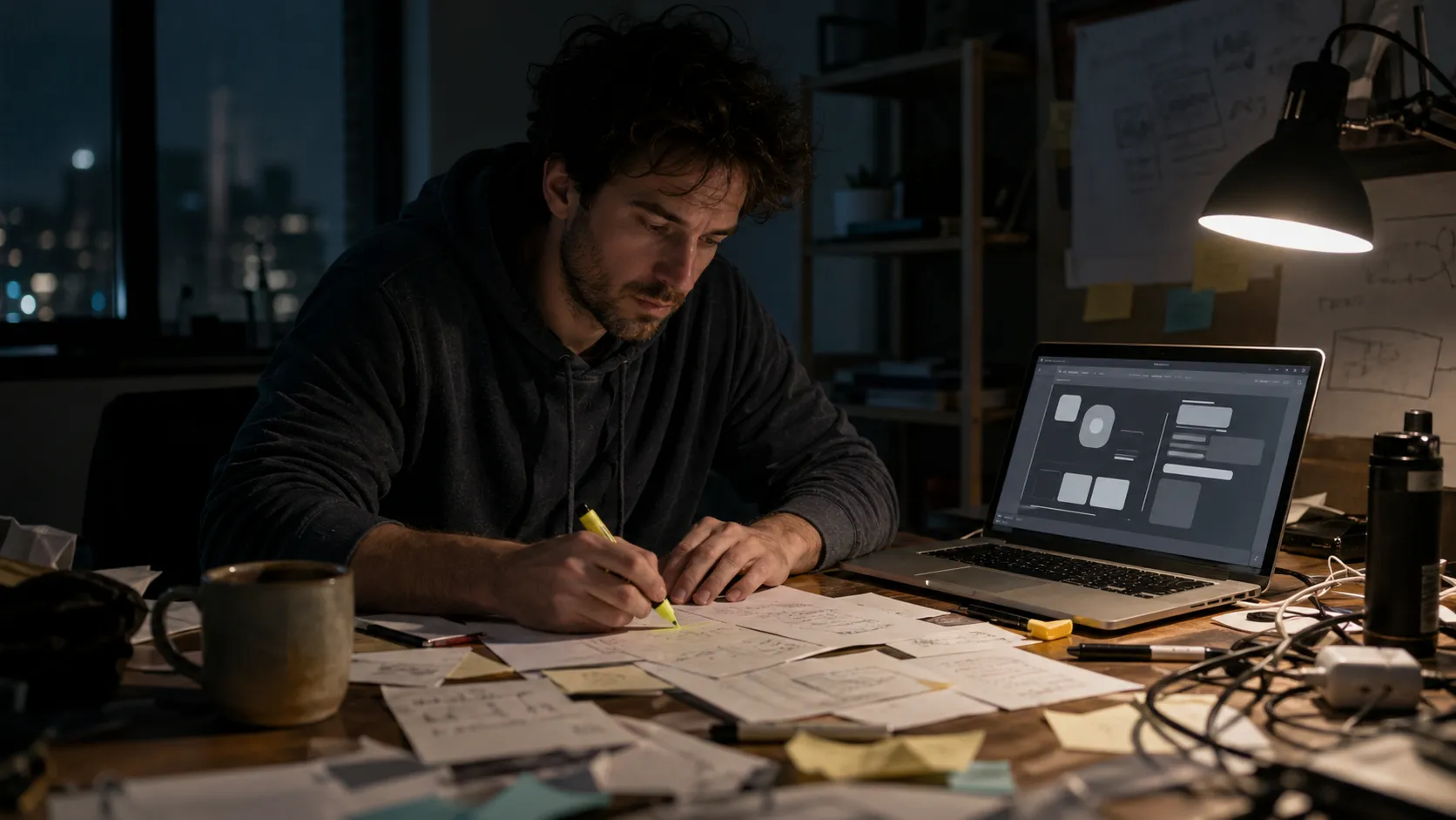 A tired founder reviews scattered feedback notes beside a prototype