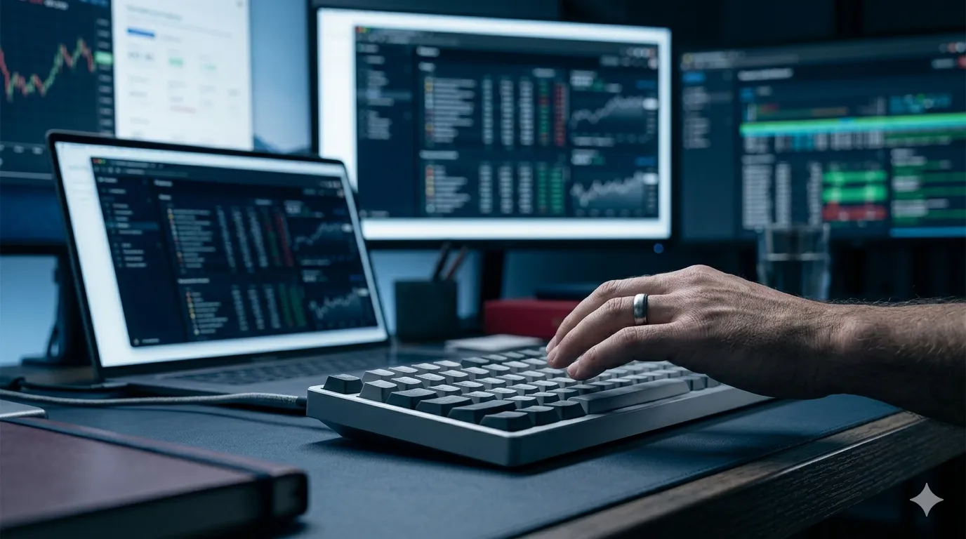 Low-angle close-up of a man's hand with a silver wedding ring above a clean mechanical keyboard, with three monitors showing dashboards blurred by bokeh under cool blue lighting.