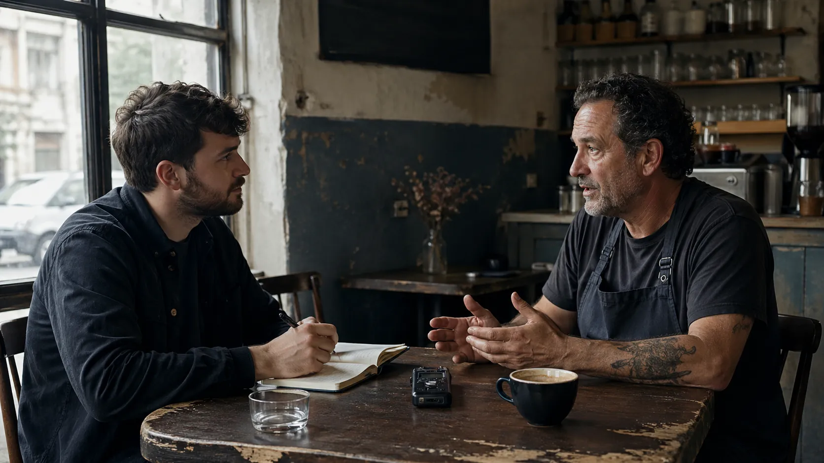 A founder interviews an unfamiliar business owner at a cafe table