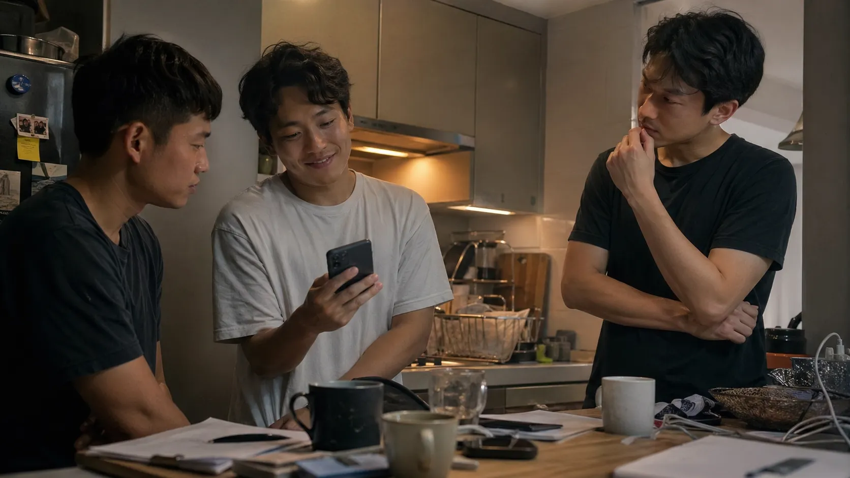 Two friends review a phone prototype while a founder watches closely