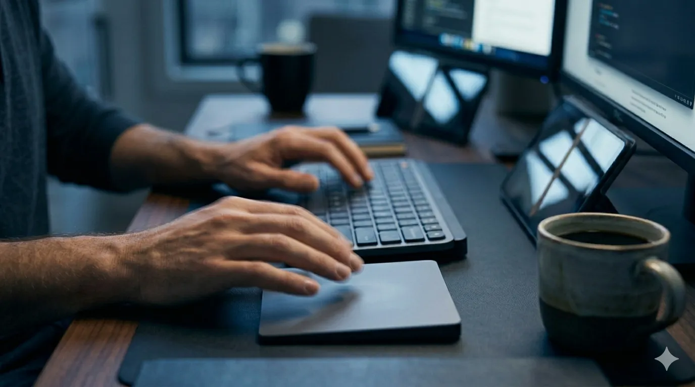 A close-up, kinetic photograph of hands moving rapidly between a dark mechanical keyboard and a silver trackpad on a walnut desk. A slight motion blur conveys frantic energy. In the shallow-focus background, multiple computer monitors glow with blue light, their geometric shapes reflected in the dark surface of an artisanal coffee mug.