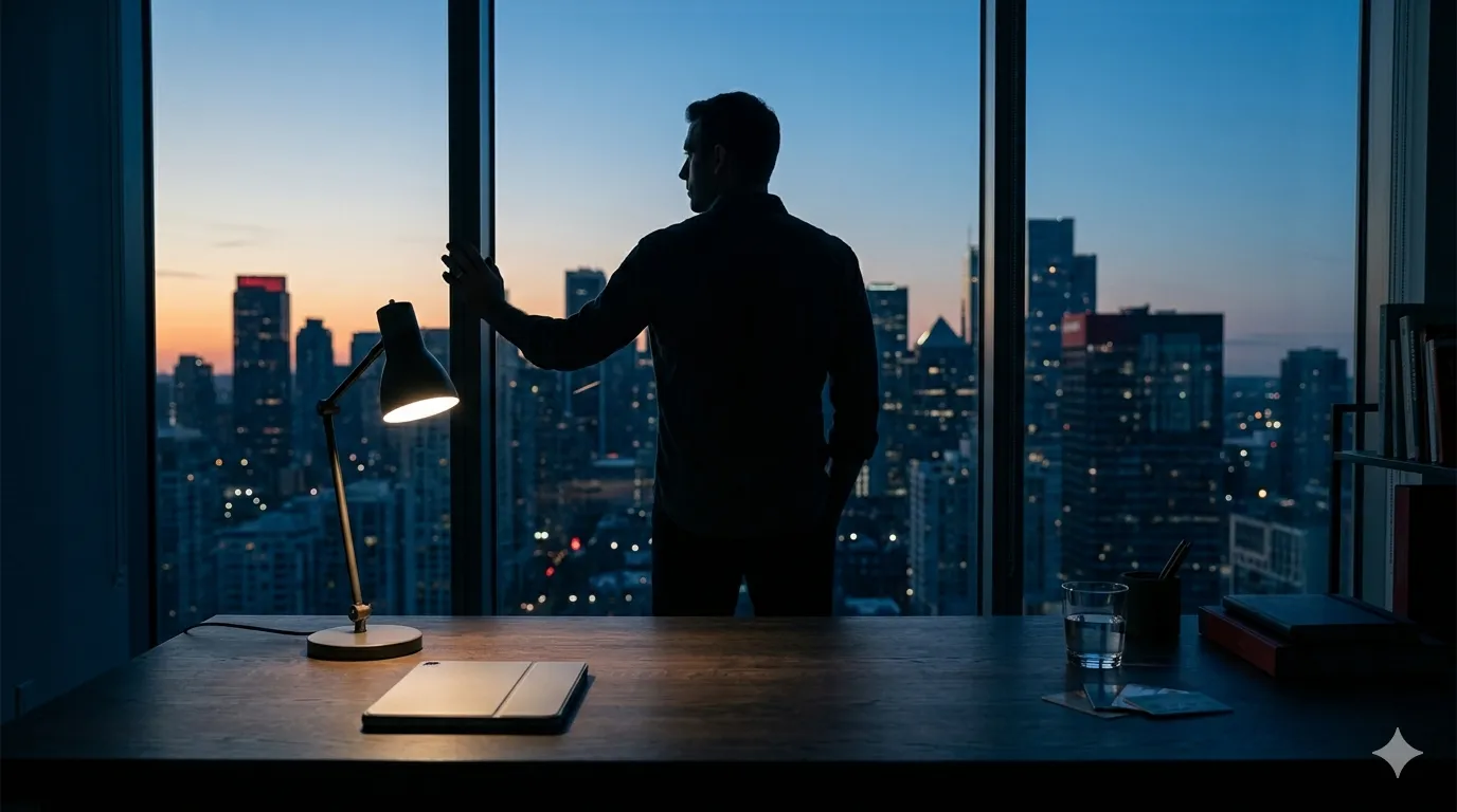 Silhouette of a man seen from behind looking through a floor-to-ceiling window at a city skyline at dusk, a dim room behind him with a desk lamp over a dark oak desk holding a laptop, a glass of water and credit cards.