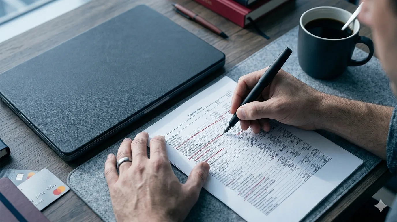 Overhead shot of a person's hands with a silver wedding ring holding a matte black fountain pen, crossing out lines on a printed financial document beside a closed laptop and a cup of black coffee.