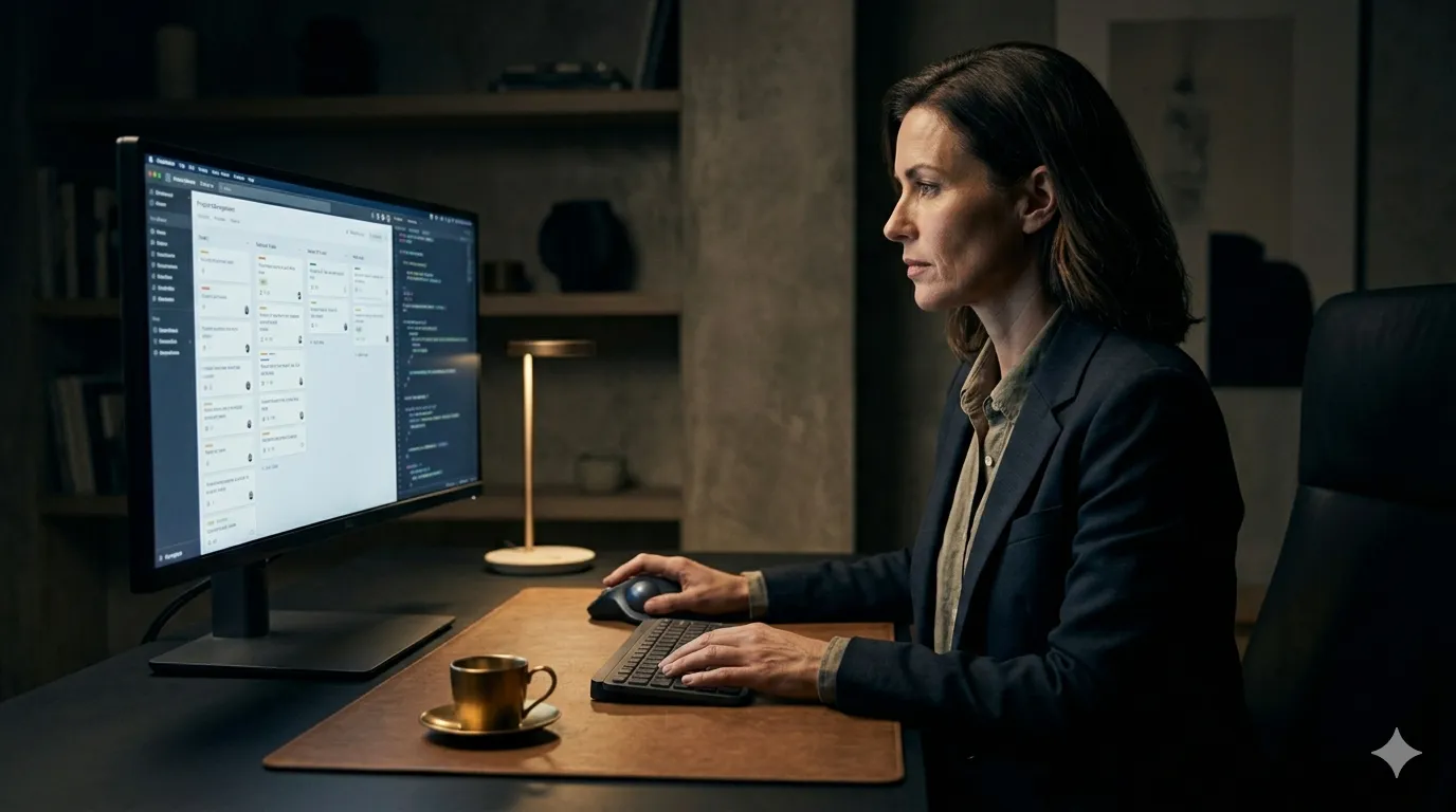 A moody, late-night profile shot of a professional woman in a dark blazer working in a minimalist concrete studio. Her face is illuminated solely by the cool glow of an ultrawide monitor. The desk features a leather mat, a trackball mouse, and a small, empty gold espresso cup, emphasizing a sense of solitary, invisible labor and deep concentration.