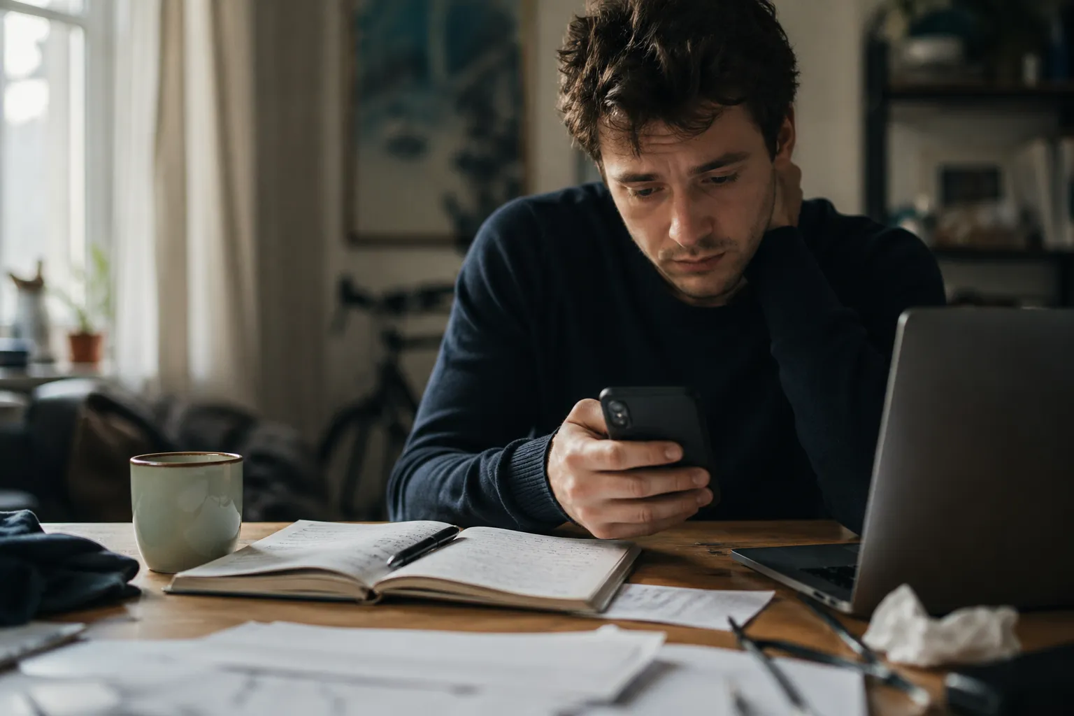 A founder reviews familiar contacts beside a notebook and laptop