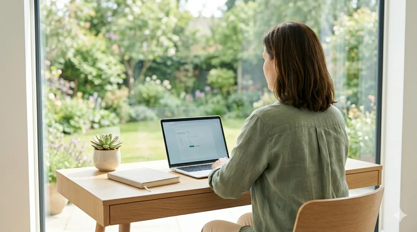 A serene and bright photograph from behind a person wearing a sage green linen shirt, looking out a floor-to-ceiling window at a lush, sun-drenched garden. They are seated at a minimalist light oak desk containing only a slim laptop, a single linen notebook, and a small succulent. The composition is airy and peaceful, evoking a sense of mental clarity and simplified productivity.