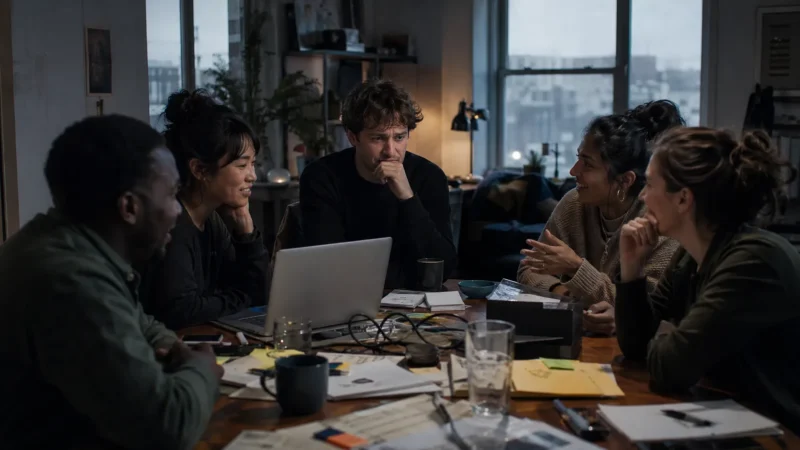 A founder watches friends react to a rough prototype at a cluttered table