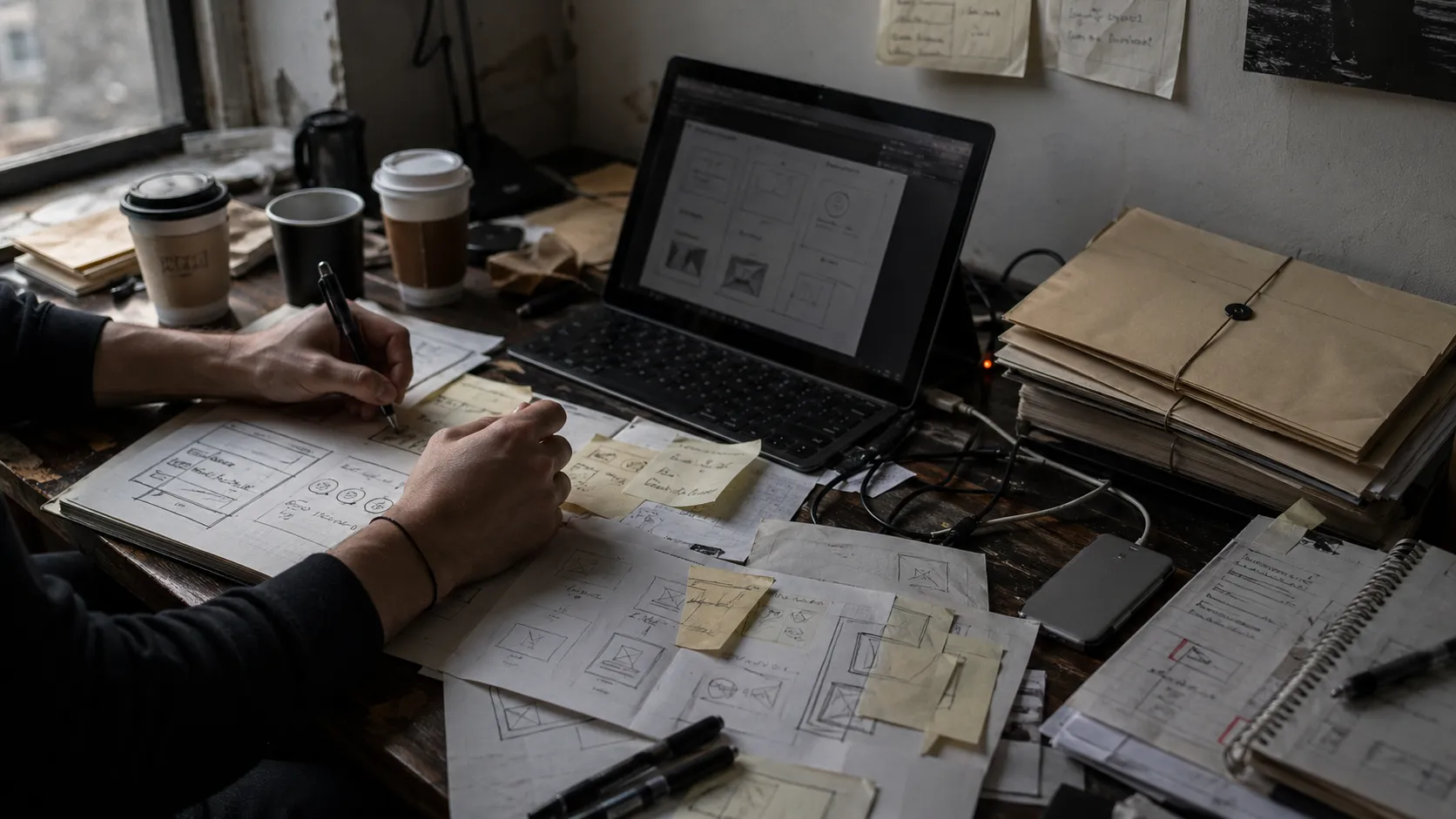 A founder keeps building amid feature sketches and unused research materials