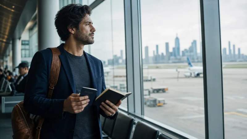 A founder looking out an airport window at a city skyline, holding a passport and a notebook.
