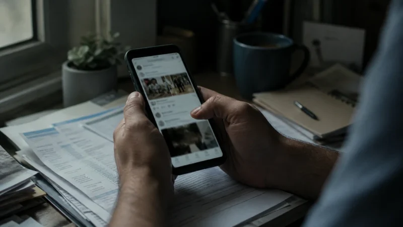 Close-up of a person scrolling on a smartphone above financial papers and bills on a cluttered desk, lit by soft window light.