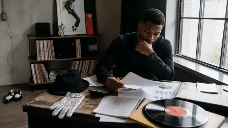 A thoughtful entrepreneur sits at a cluttered wooden desk reviewing financial papers, surrounded by subtle music legacy symbols including a black fedora, sparkling glove, vinyl record, and loafers, suggesting the connection between performance, ownership, and long-term wealth.