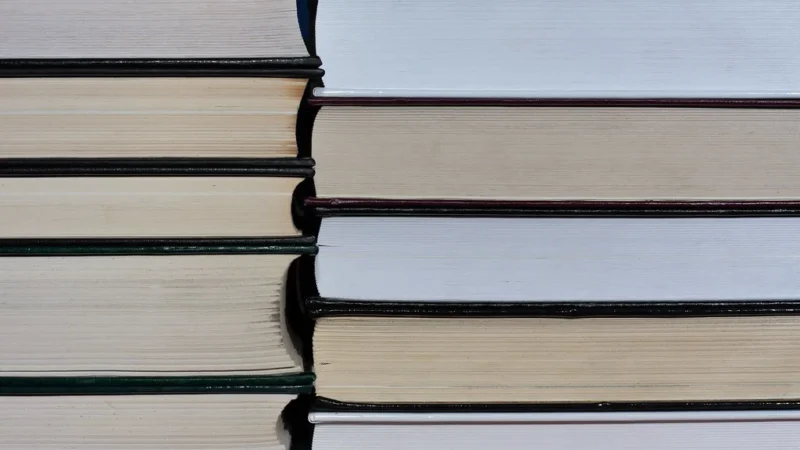 Stack of business books on a wooden shelf for reading